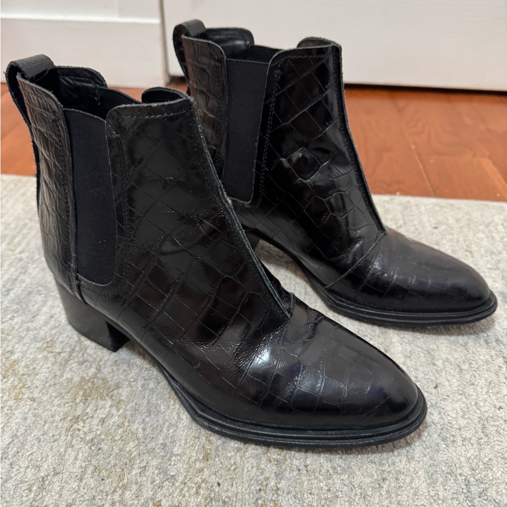 Black Croc-Embossed Ankle Boots